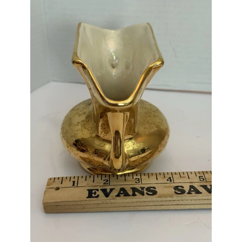 Vintage Gold Floral Cream Lusterware Vase Urn Handled  Collectible 22K Gold Flaw